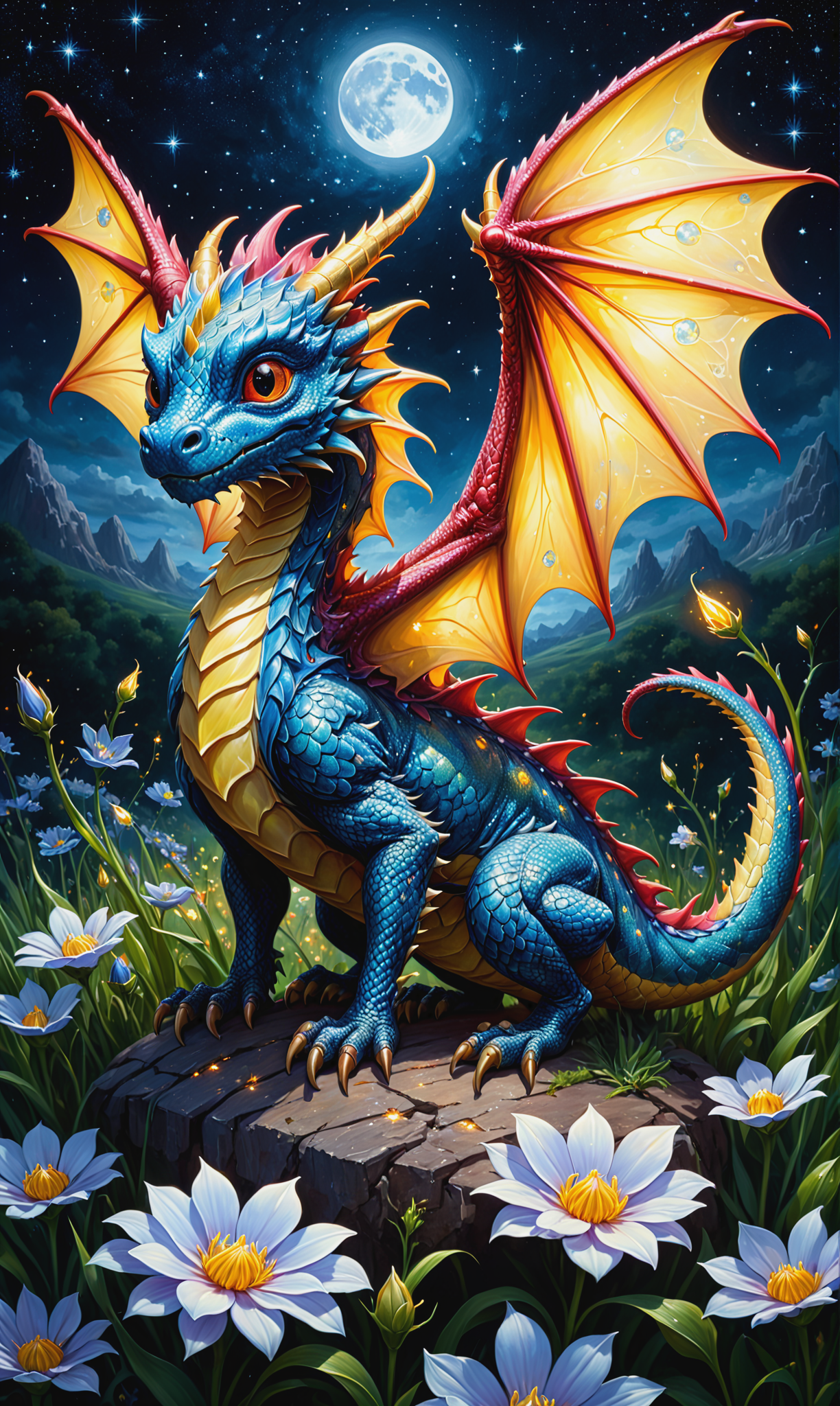 00885-224517314-art by Phil Koch, Meghan Howland _painting of a cute tiny fantasy dragon in a moonlit glowing flower field, starry sky, fireflie.png